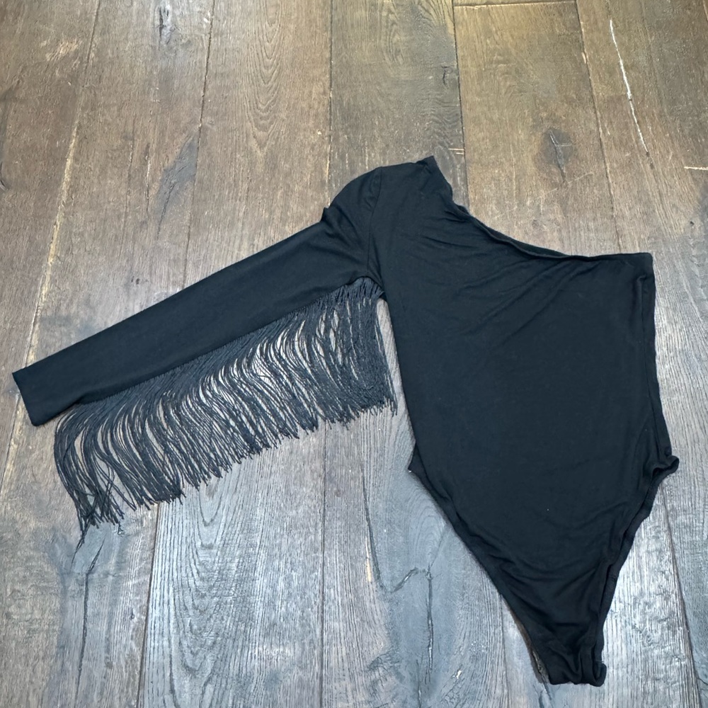 Black Fringe One-Shoulder Bodysuit